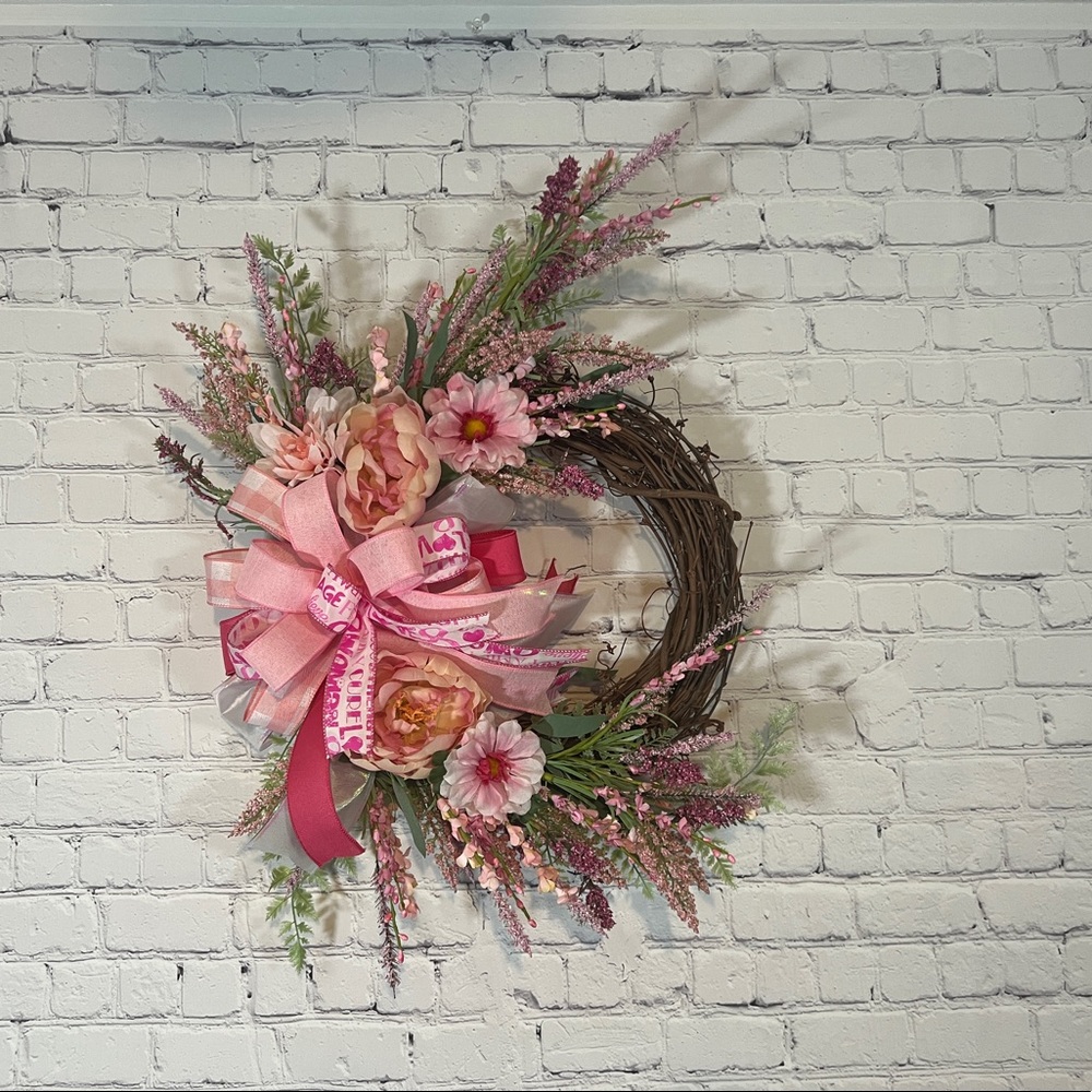 Breast Cancer Awareness Grapevine Floral Wreath, Breast Cancer Awareness Wall